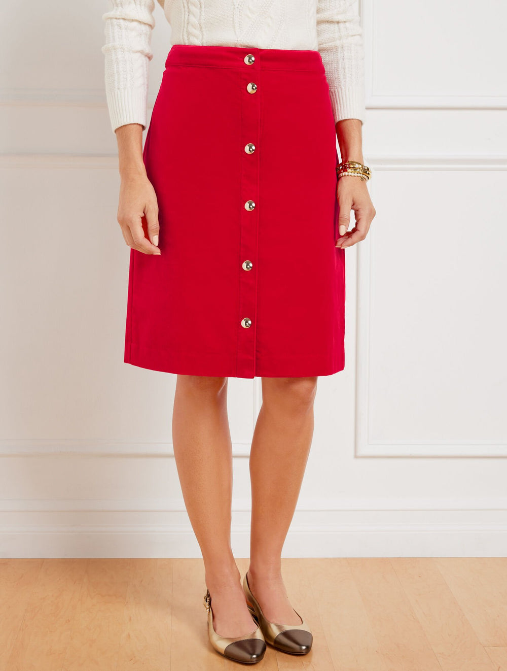 VELVETEEN BUTTON FRONT A-LINE SKIRT