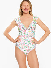 AQUA CLUB RUFFLE V-NECK ONE-PIECE SWIMSUIT - ISLAND PAISLEY