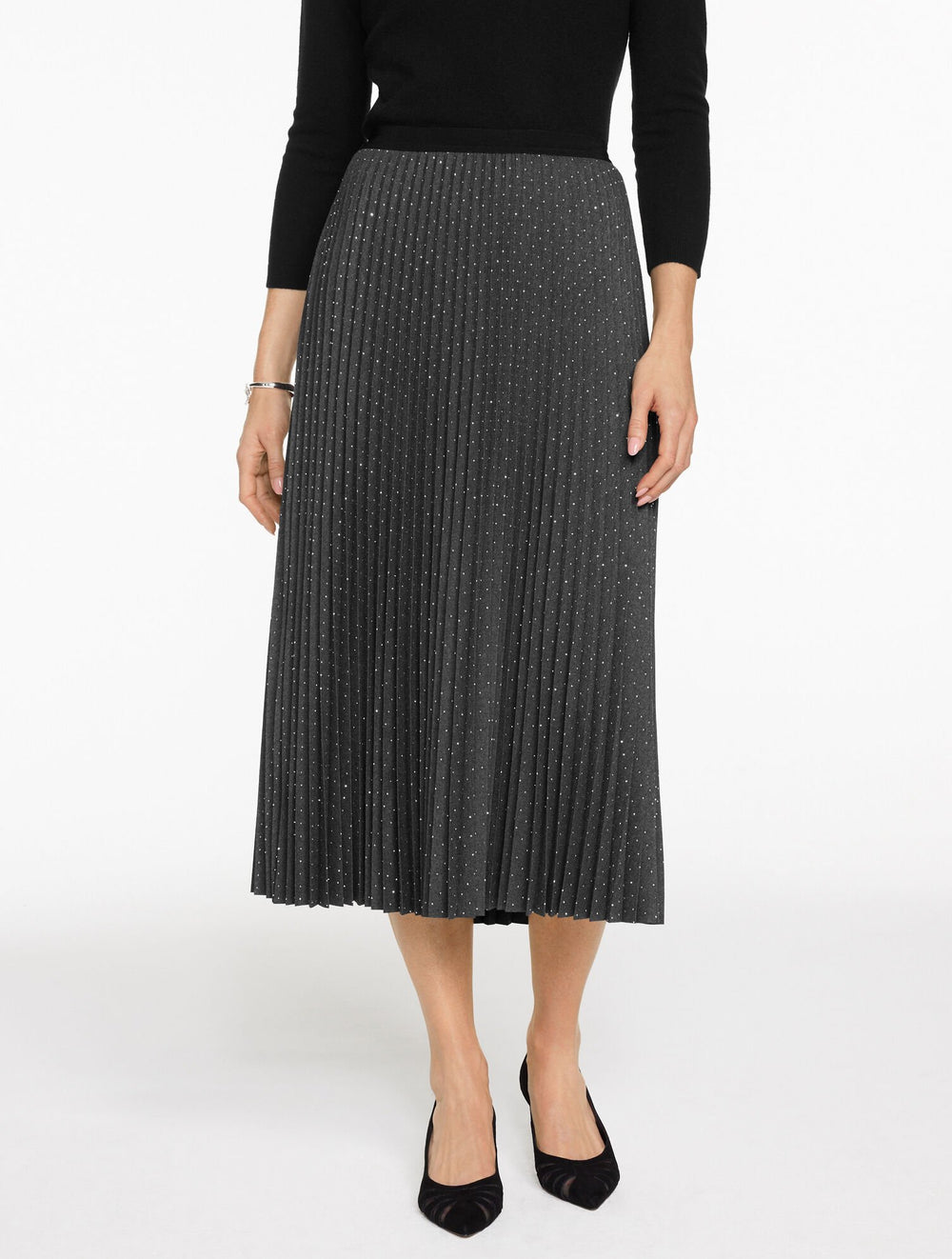 STUDDED PLEATED FLANNEL MIDI SKIRT
