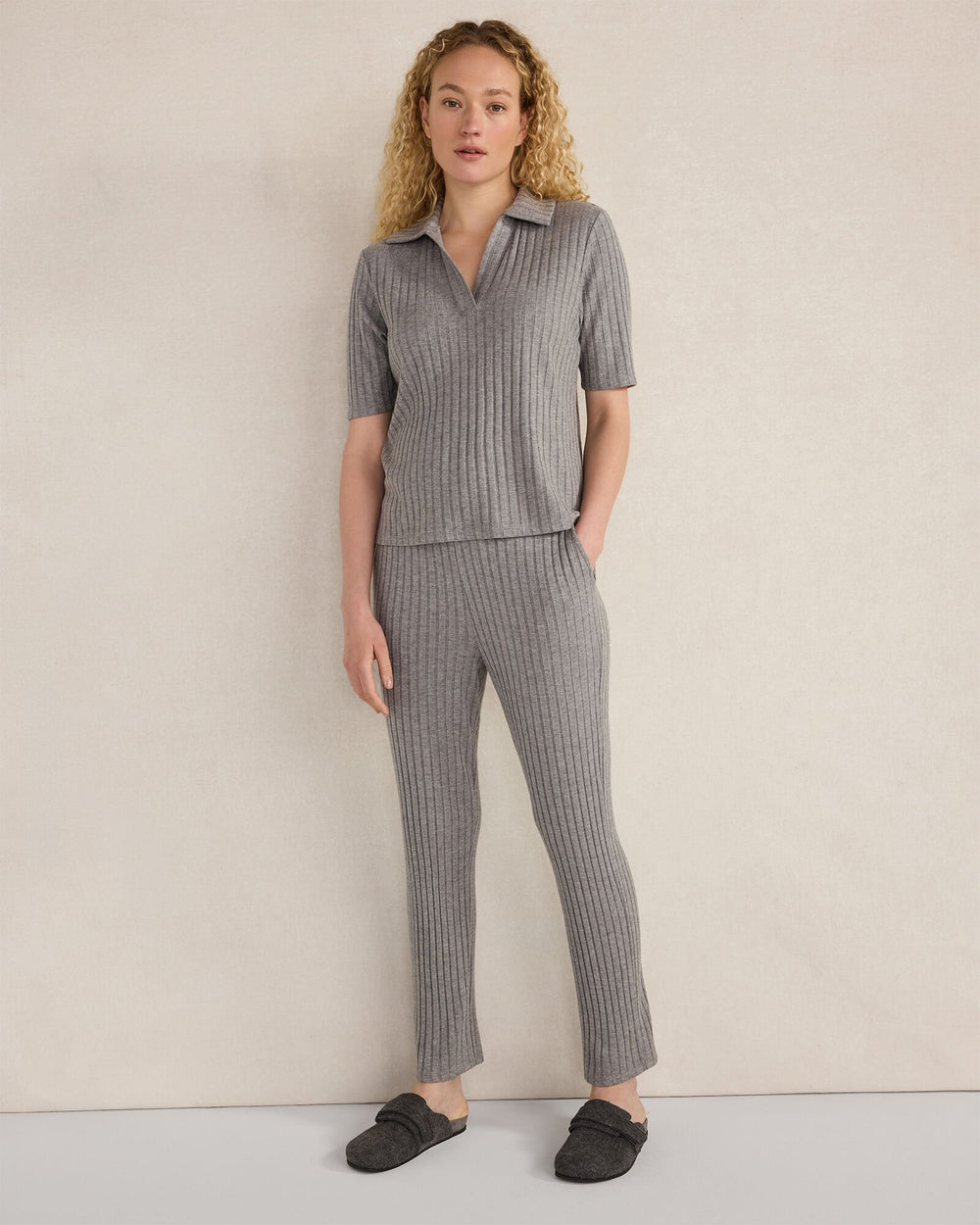 WIDE RIB KNIT JOHNNY COLLAR TOP