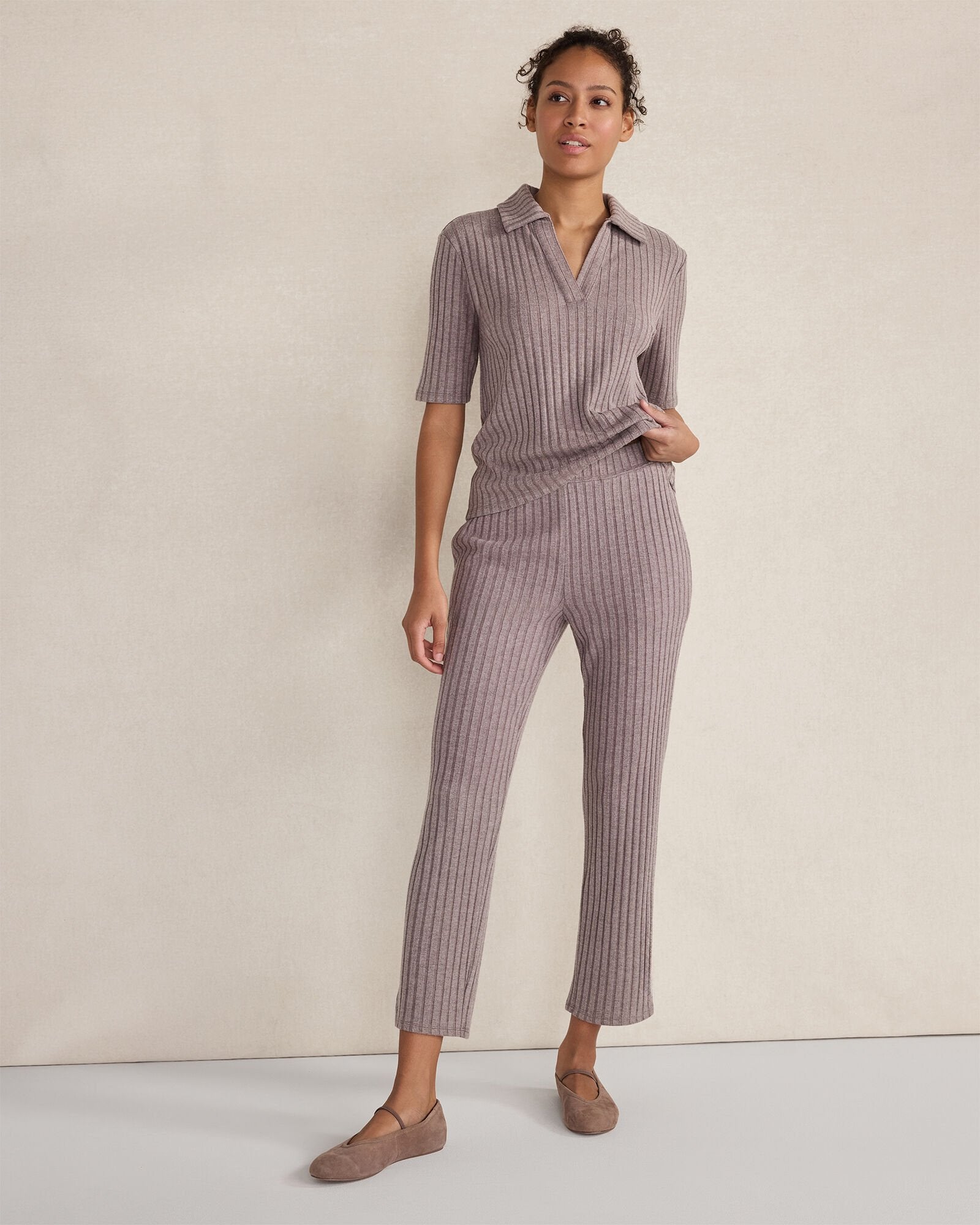 WIDE RIB KNIT JOHNNY COLLAR TOP